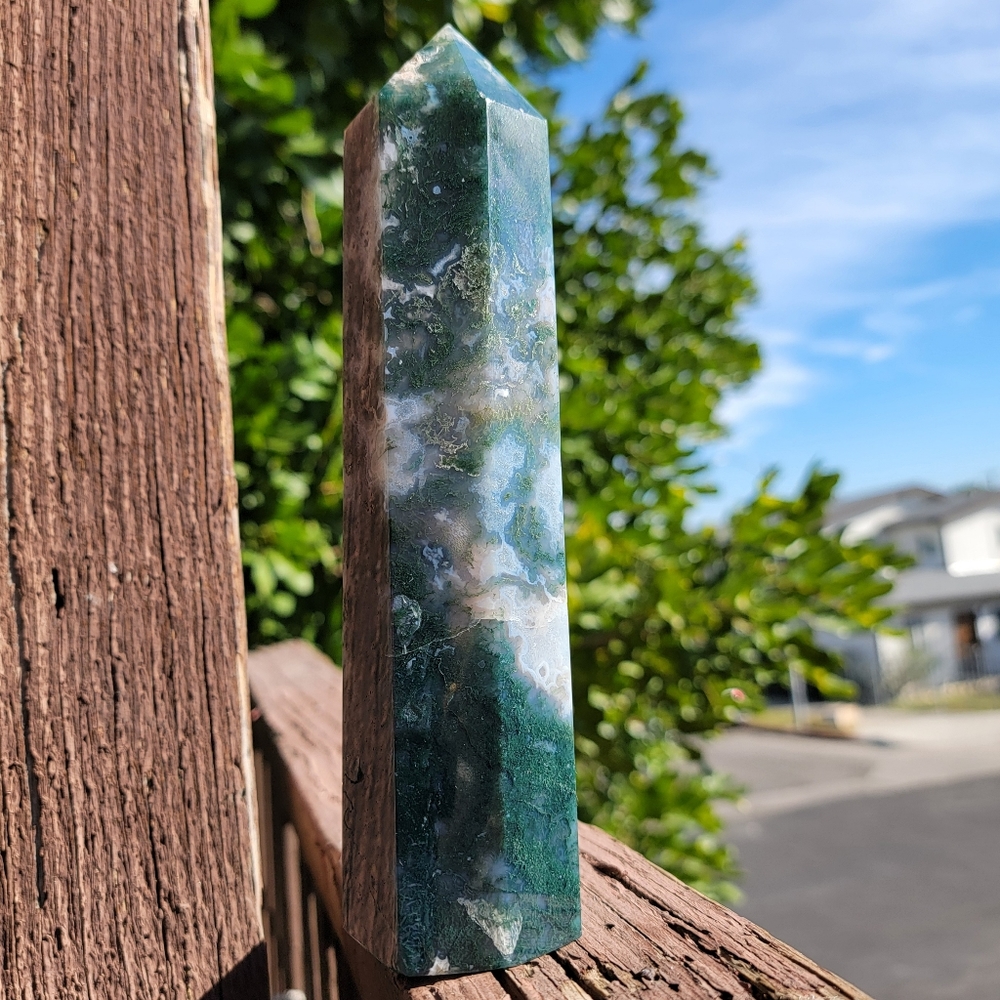 NEW 8.5" MOSS AGATE WITH BLUE CHALCEDONY TOWER